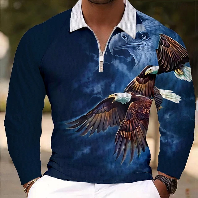 Men's Eagle Patriotic Polo Shirts Golf Polos Shirts Long Sleeve Polo Shirts Collar Vacation Party Evening Wear Dailywear Zipper 3D Print Spring Fall & Winter Blue Purple Green 7