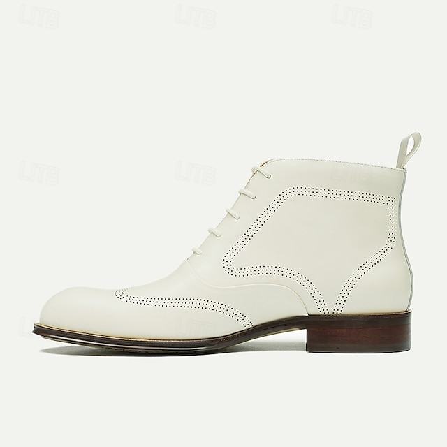  Men's Premium Cowhide White Oxford Boots – Perforated Design, Business Formal Leather Ankle Boots