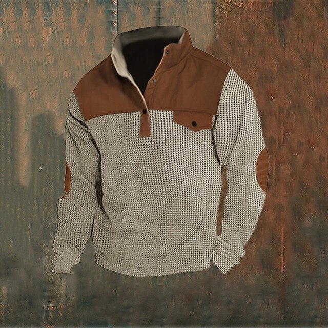 Men's Sweatshirt Waffle Sweatshirt Apricot Blue Green Standing Collar Color Block Patchwork Color Block Ribbed Sports & Outdoor Daily Holiday Polyester Corduroy Streetwear Basic Casual Spring &  Fall4