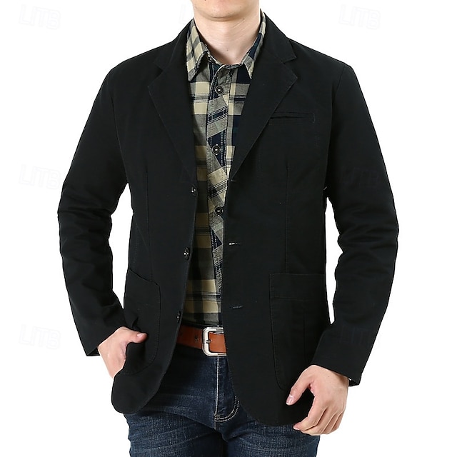  Herre Blazer Virksomhet Cocktailfest Bryllupsfest Mote Fritid Vår & Vinter 100 % bomull Helfarge Knapp Lomme Bekvem Enkeltkneppet Blazer Svart Grønn Kakifarget