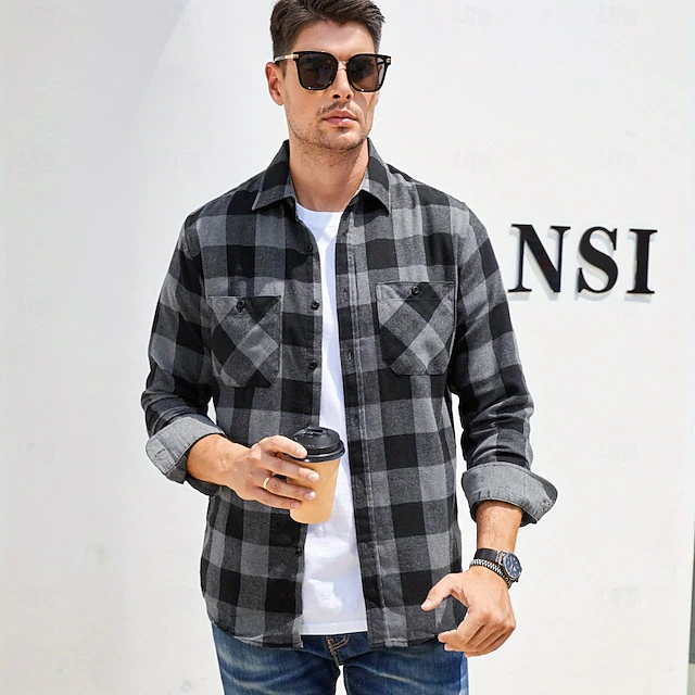 Men's Shirt Flannel Shirt Overshirt Plaid Outdoor Street Black White Red Navy Blue Long Sleeve Collar Spring & Fall Clothing Apparel 8