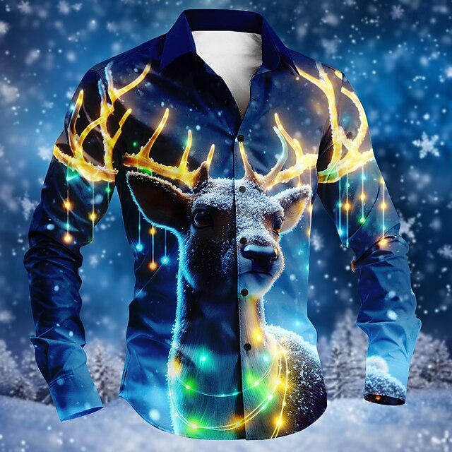 Christmas Men's Christmas animal Printed Shirts Deer Fashion Casual Button Up Long Sleeve Party Evening Daily Fall Winter Spring & Summer Collar Button Up 3D Print Thin Blue Polyester4