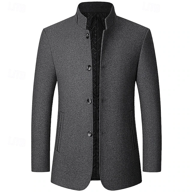Men's Winter Coat Wool Coat Trench Coat Daily Vacation Fall & Winter Polyester Thermal Warm Outerwear Clothing Apparel Fashion Classic Plain Pocket Stand Collar Single Breasted 8