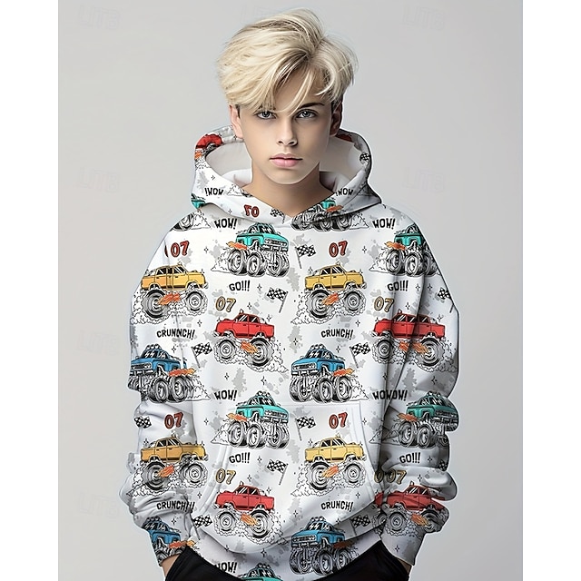  Pojkar 3D Grafisk Bilar Huvtröja Långärmad Vår Höst Mode Streetwear Barn 4-12 år Huva Utomhus Ledigt Dagligen Normal