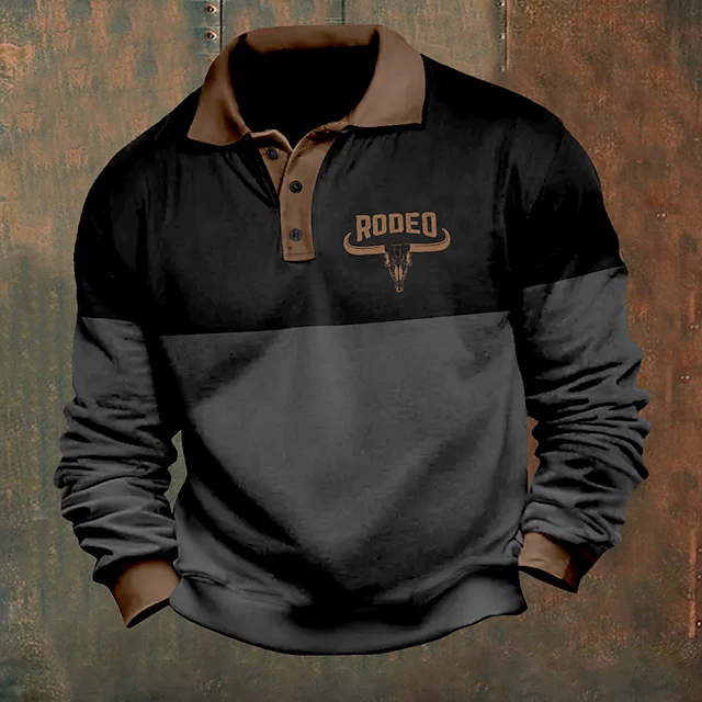 Men's Cowboy Skulls Polo Shirts Pullover Long Sleeve Polo Shirts Collar Vintage Casual Outdoor Streetwear 3D Print Buttons Fall & Winter Black Brown Dark Blue 6