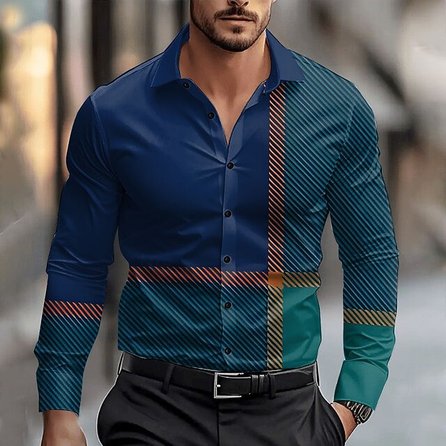 Men's Dress Shirt Button Up Shirt Geometric Pattern Business Daily Blue Long Sleeve Shirt Collar Fall Winter Clothing Apparel Button Up4