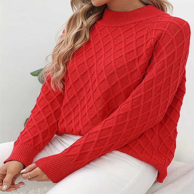 Women's Sweater Fashion Streetwear Daily Geometric Crew Neck Knitted Textured Long Sleeve Regular Tops Knit Work Black Red Fall Winter 6
