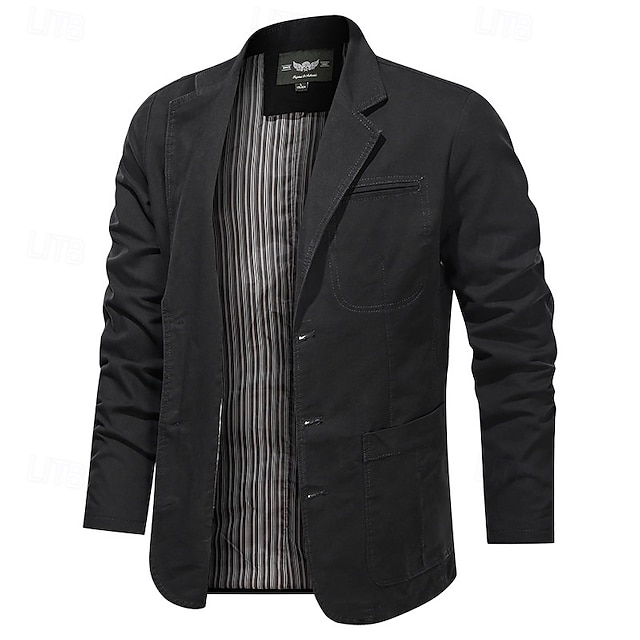  Herren Blazer Geschäft Cocktailparty Hochzeitsfeier Mode Lässig Frühling & Herbst 100% Baumwolle Einfach Tasche Knöpfe Bequem Einreihig Blazer Schwarz Kaki Armeegrün