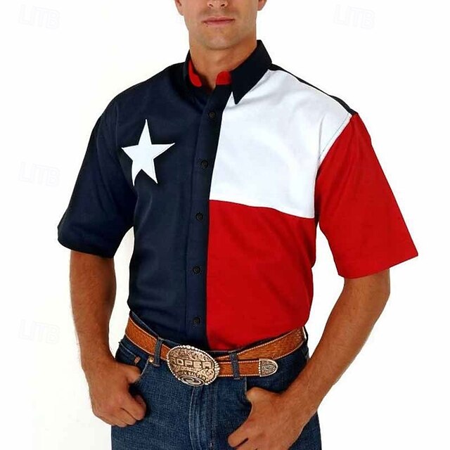 Men's American Flag Western Shirt Button Up Shirt Cowboy Shirt Short Sleeve Western Daily Summer Spring Turndown Collared Shirts 3D Print Front Pocket Navy Blue4