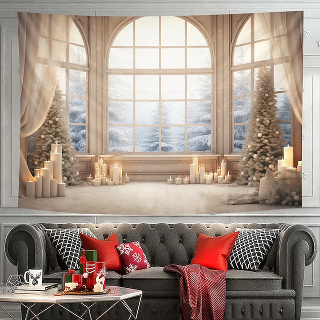 Christmas Decorations Hanging Tapestry Wall Art Xmas White Window View Large Tapestry Mural Decor Photograph Backdrop Blanket Curtain Home Bedroom Living Room 13