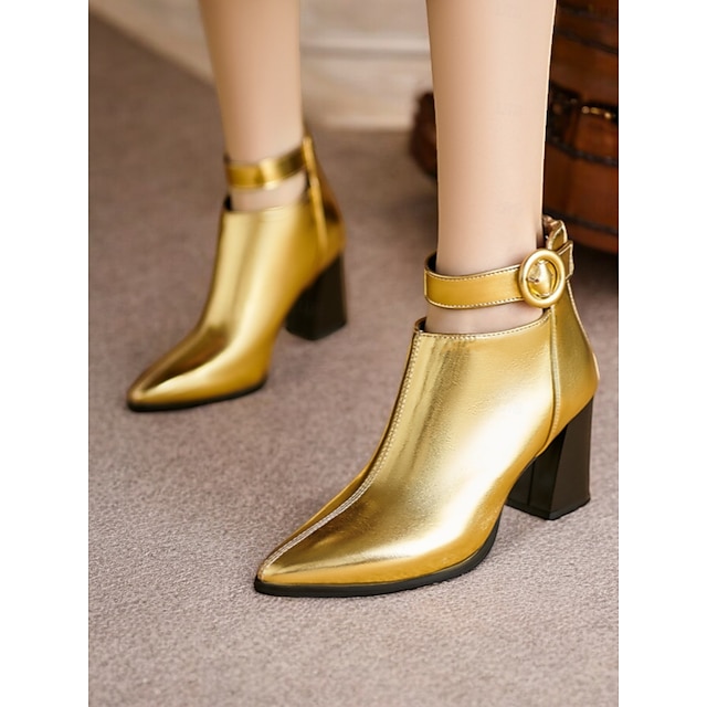  Women's Metallic Silver Pointed Toe Ankle Boots with Block Heels and Ring Buckle Strap – Perfect for Parties and Fashion Events