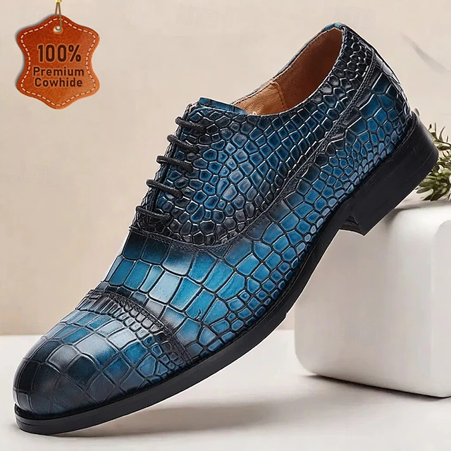Men's Blue Crocodile Embossed Cowhide Leather Oxford Shoes – Elegant Lace-Up Dress Shoes for Formal Events and Business Wear 8