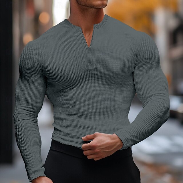  Herre Vaffel T-shirt Tee Top Lang ærmet skjorte Langærmet V-hals Dyb V Sommer Helfarve Daglig Afslappet Gadestil V-hals udendørs Gade Afslappet Mørkegrå Sort Hvid Top T-shirt til mænd
