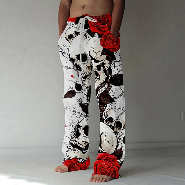 Halloween Men's Cool Skulls Rose Pants Trousers Mid Waist Drawstring Elastic Waist Hawaiian Horror Party Evening Wear Holiday Straight Leg Trousers Summer Spring Fall 3D Print Red Blue Purple 7