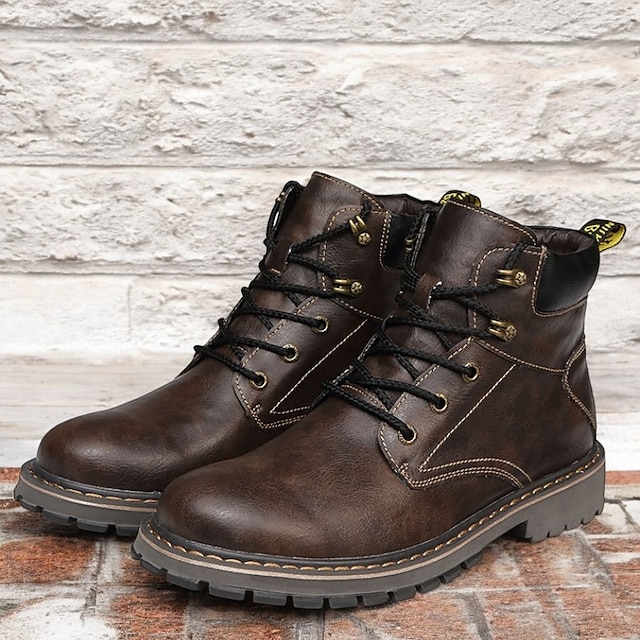 Men's Brown Leather Work Boots, Durable Lace-Up Ankle Boots with Rugged Sole, Perfect for Outdoor Activities, Construction, and Casual Wear