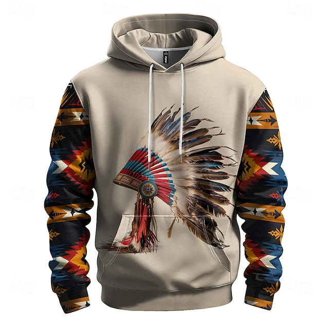 Men's Graphic Florals Indian Hoodie Hoodies Sweatshirt Vacation Daily Long Sleeve Hooded Vacation Sports Outdoor Going out Light Brown Printing Winter Spring & Fall Designer 8