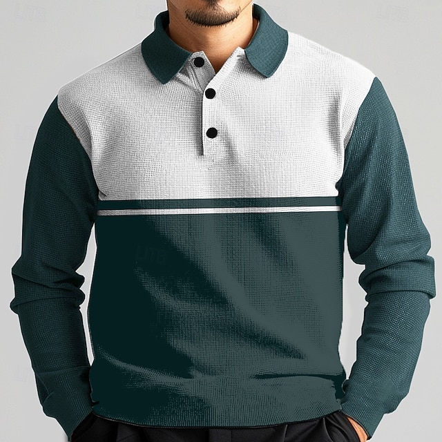 Men's Striped Waffle Polo Shirts Golf Shirt Long Sleeve Polo Shirts Collared Shirts Casual Vacation Wear Party Outfits Buttons 3D Print Spring Fall Winter Ink Blue4