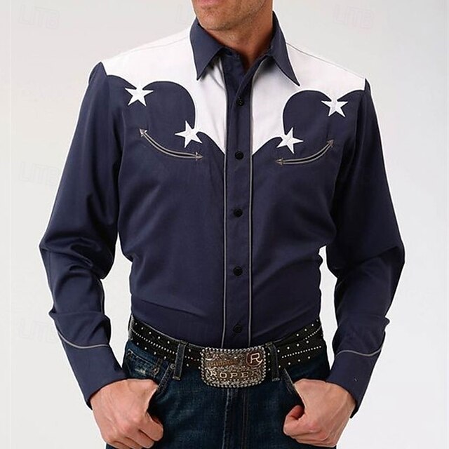 Men's Star Western Shirt Button Up Shirt Cowboy Shirt Long Sleeve Western Daily Fall & Winter Turndown Collared Shirts 3D Print Front Pocket Navy Blue4