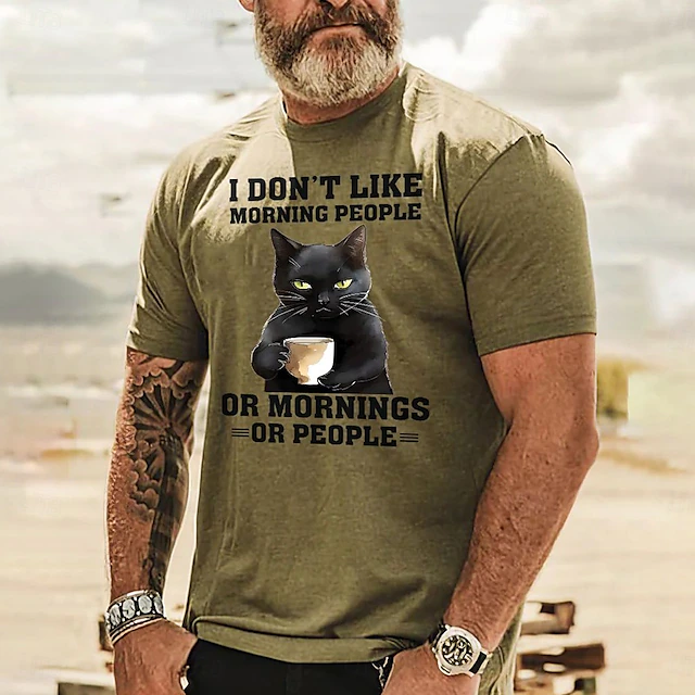 Mens Funny Cat Graphic T-Shirt Short Sleeve I Don't Like Morning People Or Mornings Or People Introvert Humor Tee 8