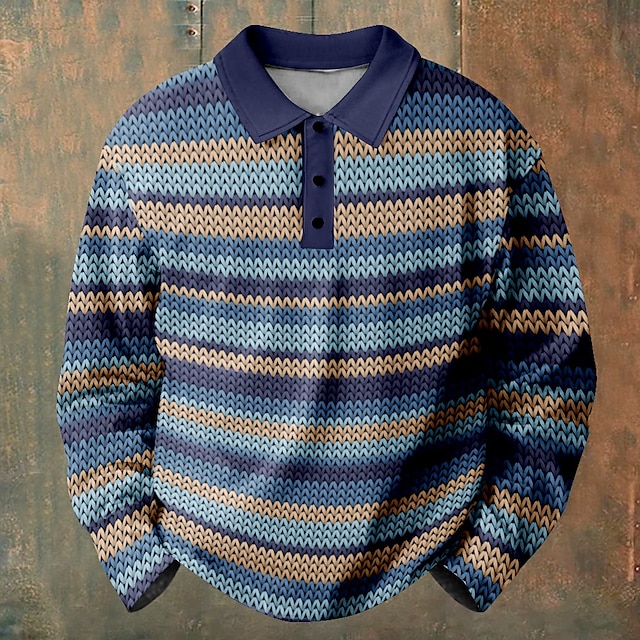  男性用 ライン／ウェイブ ポロシャツ Pullover 長袖 ポロシャツ カラー カジュアル 日常着 ボタン 3Dプリント 春 秋 冬 ブルー