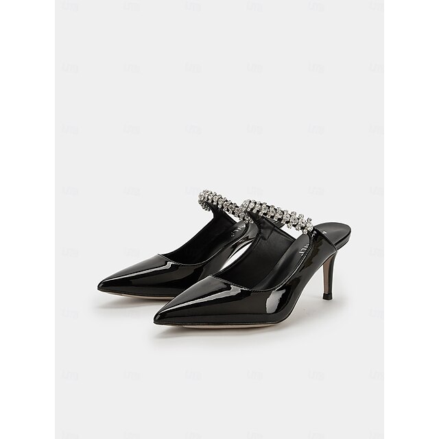 Black Patent Faux Leather Stiletto Heels with Rhinestone Embellished