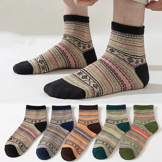 Men's 5 Pairs Multi Packs Socks Crew Socks Casual Socks Brown Color Stripes Daily Vacation Medium Spring Fall Fashion Casual 9
