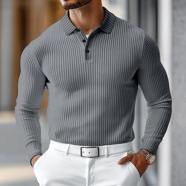  Herren Poloshirt Rippstrick-Oberteil Geschäft Casual Gerippter Polokragen Langarm Modisch Basic Feste Farbe Gestrickt Herbst Winter Regular Fit Dunkelgrau Schwarz Weiß Burgunderrot Marineblau