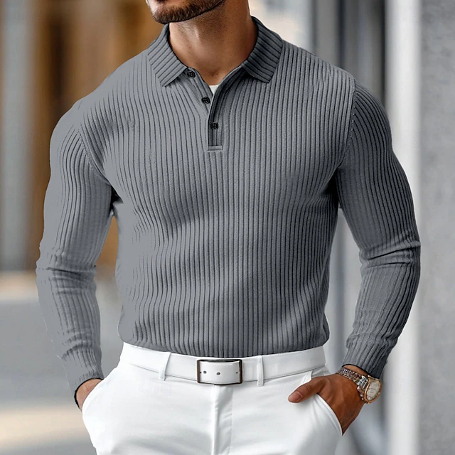 Men's Polo Shirts Rib Knit Top Business Casual Ribbed Polo Collar Long Sleeve Fashion Basic Solid Color Knitting Fall Winter Slim Fit Dark Grey Black White Burgundy Navy Blue Dark Green Polo Shirts 5