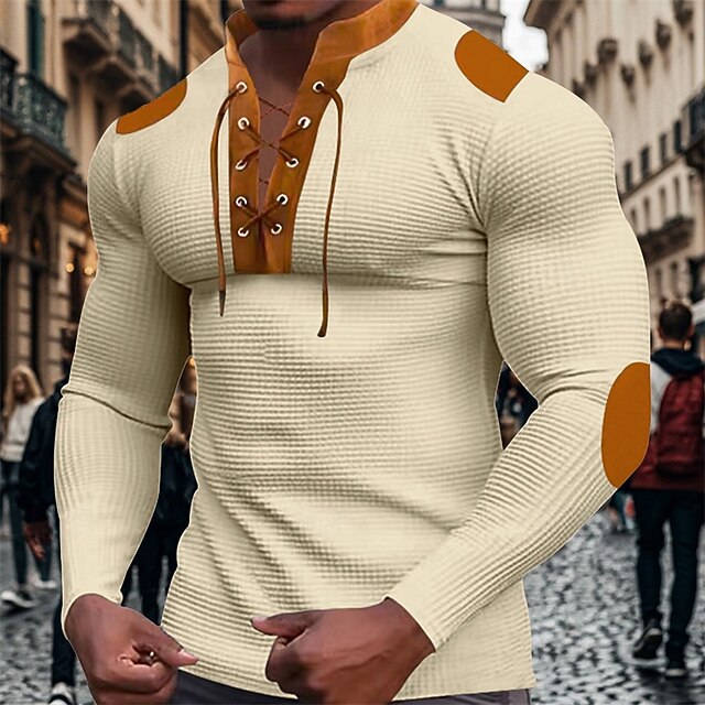 Men's T Shirt Henley Shirt Tee Waffle Knit Tee Long Sleeve Banded Collar Spring & Fall Brown Fashion Designer Basic Lace up Patchwork Vacation Street Going out Apricot Black White Top Tee for Men 21