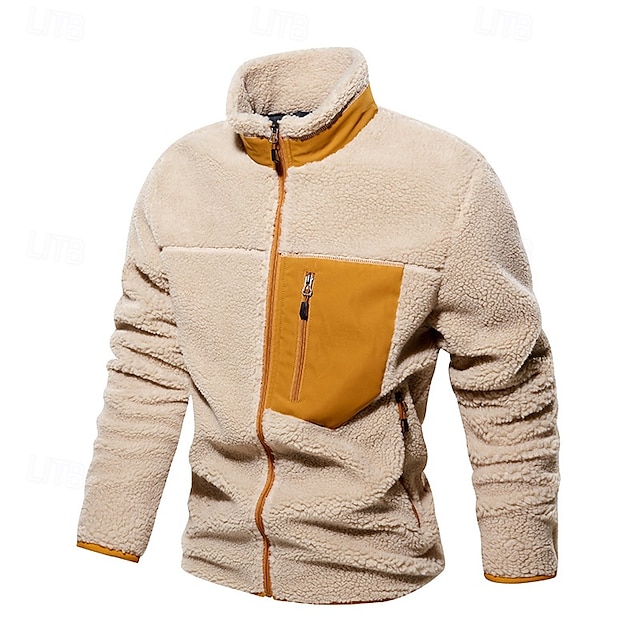  Men's Hiking Jacket Hiking Fleece Jacket Winter Outdoor Patchwork Thermal Warm Fleece Lining Fleece Jackets Full Zip Climbing Camping / Hiking / Caving Traveling Cream Khaki