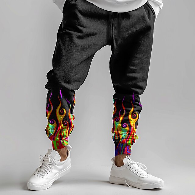 Men's Flame Sweatpants Joggers Pants Trousers Mid Waist Drawstring Elastic Waist Fashion Street Dailywear Pocket Spring Fall Winter 3D Print Black4