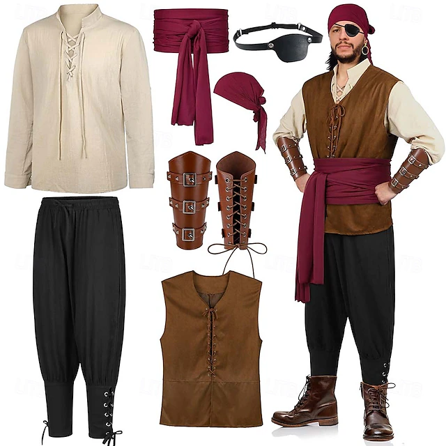 Men's 8 PCS Viking Pirate Outfits Costumes with Armor Set Retro Vintage Medieval Renaissance 17th Century Knight Ritter Ranger Elven Valhalla for Halloween Carnival LARP Ren Faire 11