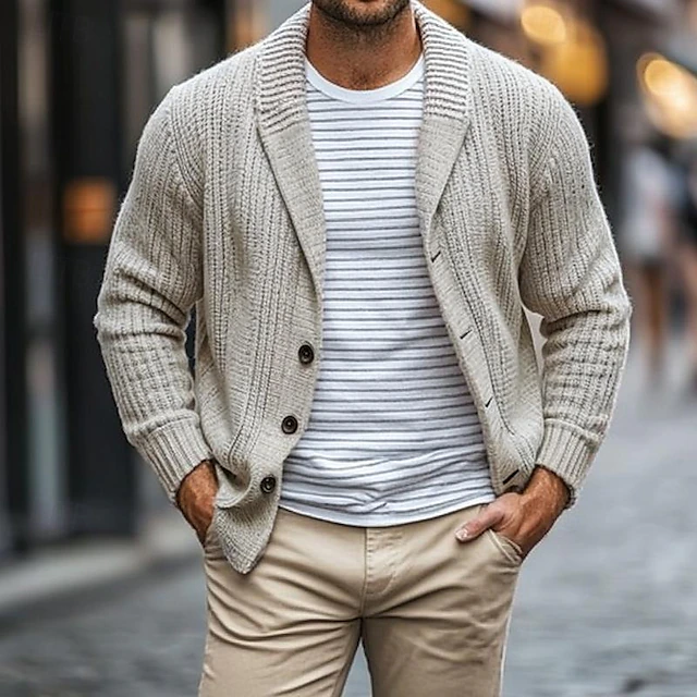 Men's Cardigan Ribbed Chunky Knit Regular Pocket Solid Color Shawl Lapel Knitwear Elegant Home Work Clothing Apparel Bishop Sleeve Spring Fall khaki M L XL4