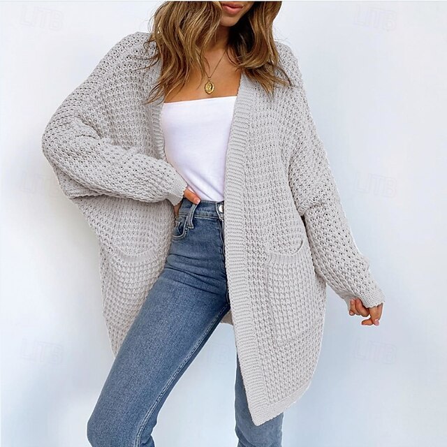  Femme Pull Chandail Décontractées Couleur unie Grosse maille Ouvrir le devant Tricoté Texturé manche longue Hauts longs Tricoter Intérieur Travail Rose Claire Gris Automne Hiver