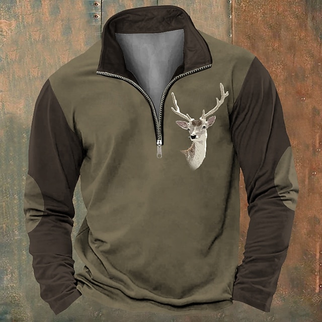  Bărbați Vânătoare Cerb Hanorace Hanorac cu fermoar sfert Manșon Lung Hanorac Fermoar Vintage Retro Western Cowboy printare 3d Alpinism Vânătoare Iarnă Primăvara & toamnă