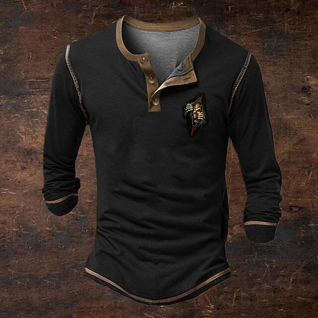 Men's Button T Shirt Henley Shirt Tee Graphic Tee Long Sleeve Henley Spring &  Fall Fashion Festival / Party Halloween Printing Vacation Weekend Festival Black Top Tee for Men2