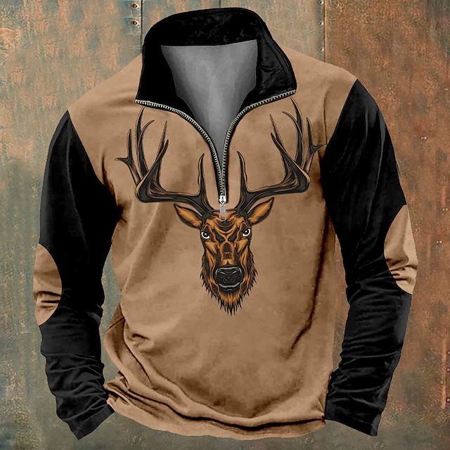 Men's Hunting Deer Sweatshirts Quarter Zip Sweatshirt Long Sleeve Sweatshirt Stand Collar Quarter Zip Ethnic Vintage Retro 3D Printing Hunting Winter Spring & Fall 5