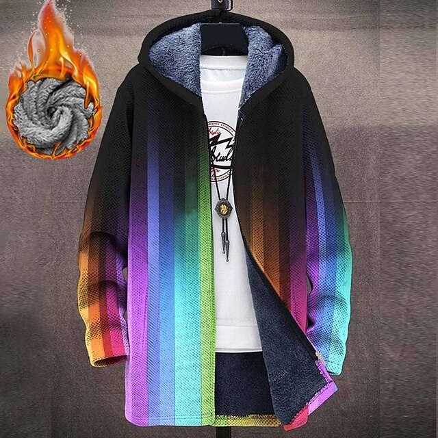 Men's Stripes Geometry Gradual Winter Coat Fleece Jacket Coat Warm Comfortable Breathable Fashion Streetwear Sport Sports & Outdoor Daily Wear Going out Zipper Pocket Print Fall & Winter Hoodie Long2