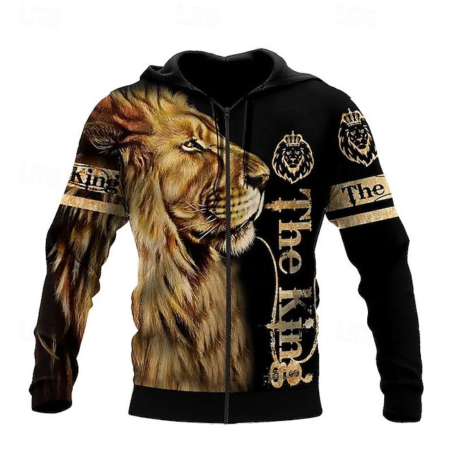 Men's Lion Graphic Prints Hoodie Hoodies Sweatshirt Streetwear Casual Long Sleeve Hooded Sports & Outdoor Daily Sports Yellow / Black Black & Yellow Zipper Print Spring & Fall Designer 8