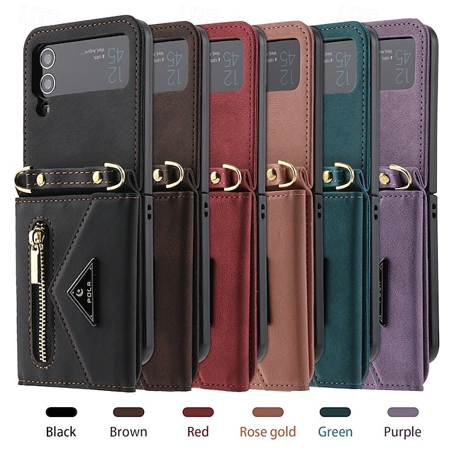  電話 ケース 用途 Zフリップ6 Z Flip 5 Z Flip 4 Z Flip 3 バックカバー スタンド付き ジッパ－ ストラップ付き レトロ風 TPU PUレザー