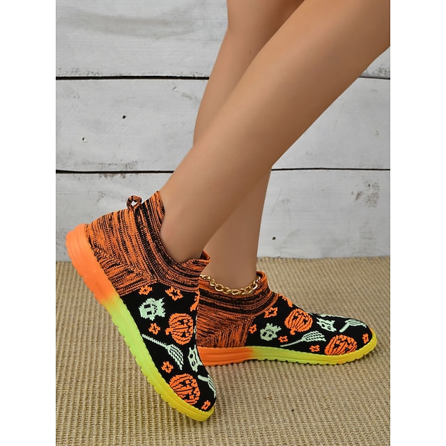  Baskets à enfiler sur le thème d'Halloween pour femmes - chaussures en tricot confortables avec des motifs de citrouilles et de fantômes, parfaites pour les tenues de vacances et les vêtements décontractés