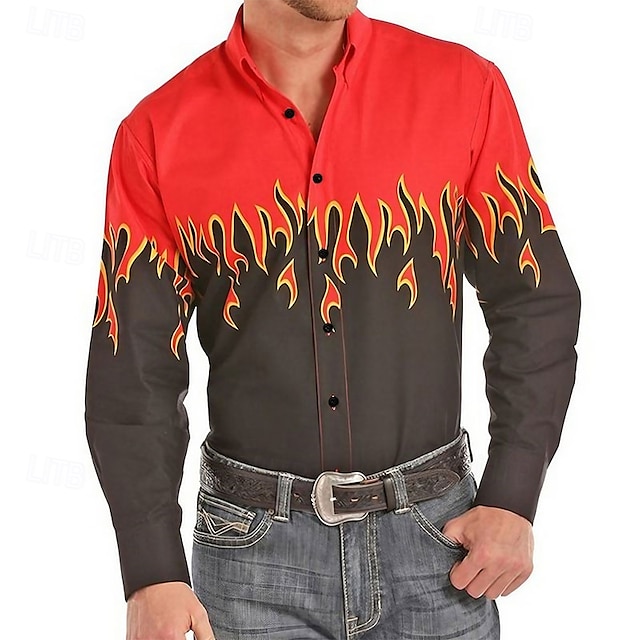  Herre Cowboy Western skjorte Skjorte med knapper Cowboyskjorte Langermet Mote Designer Vestlig Daglig Høst vinter Aftæpning Skjorter med krage 3D-utskrift Lomme foran Rød Lilla Brun Grønn Blå + blå