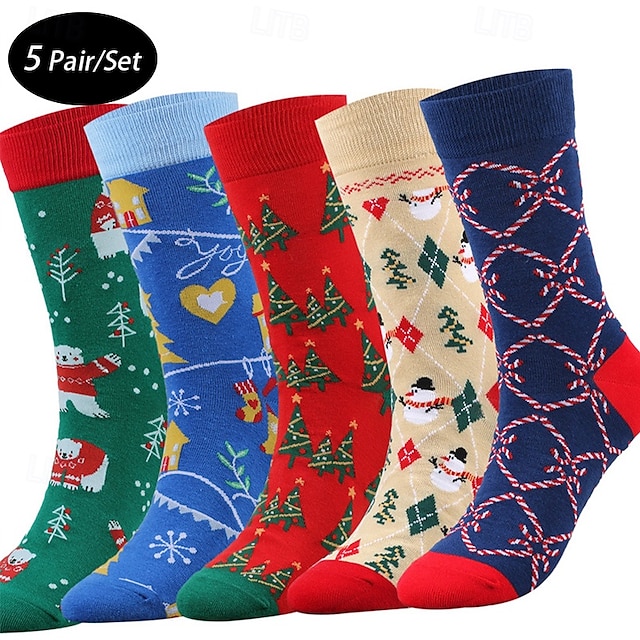 Herr 5 par Multipack Socka Crew strumpor Vardagliga strumpor Julstrumpor Rubinrött Marinblå Färg Julgran Jul Dagligen Semester Medium Höst Vinter Mode Ledigt