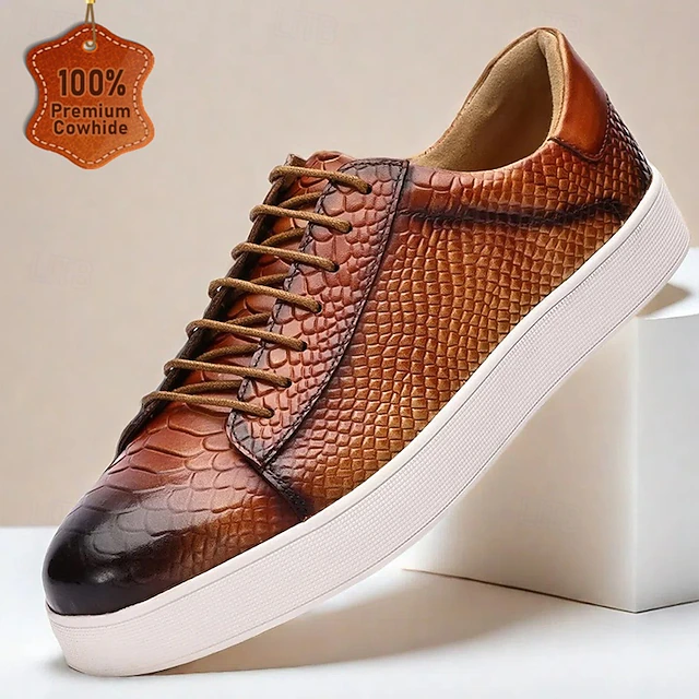 Men's Premium Cowhide Leather Sneakers - Brown Crocodile Pattern Lace-Up Casual Shoes for Daily Wear and Fashion Outfits 12
