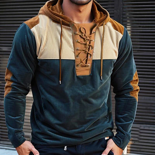 Men's Hoodie Blue Dark Green Hoodie Hooded Solid Color Color Block Lace up Vintage Style Hooded Home Sports & Outdoor Corduroy Vintage Daily Traditional / Vintage Spring Fall Clothing Apparel Hoodies 8