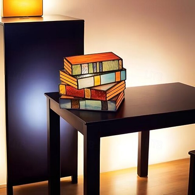 Vintage Table Lamp Imitation Stained Glass and Stacked Books Design
