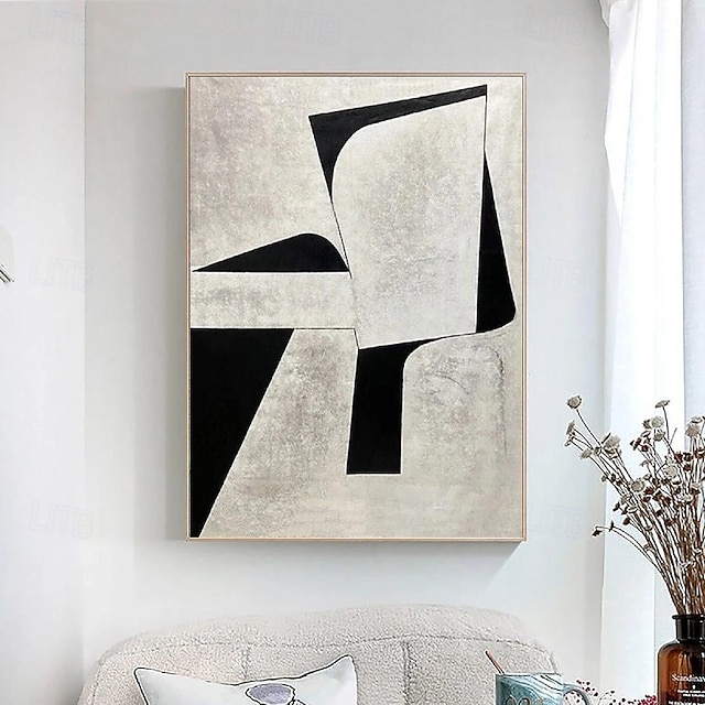  håndmalet hvid sort tekstureret maleri overdimensioneret håndlavet abstrakt geometrisk maleri vægkunst stort minimalistisk sort hvidt maleri til stuen vægindretning abstrakt kunst