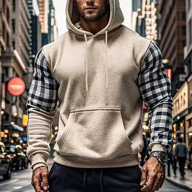 Men's Hoodie Sweatshirt Light Khaki. Brown Khaki Hooded Plaid Patchwork