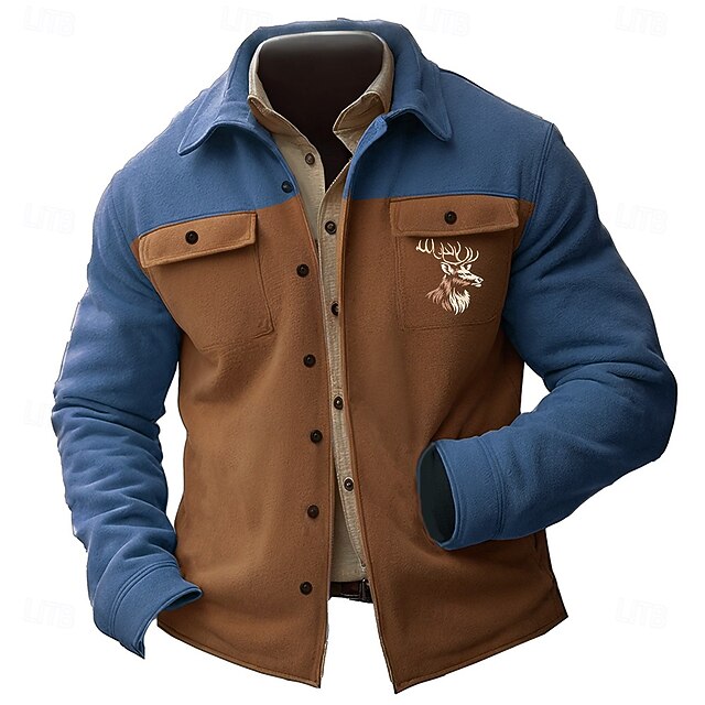 Men's Deer Shirt Jacket Overshirt Long Sleeve Vintage Casual Daily Wear Going out Fall & Winter Turndown Buttons 3D Print 2 Pockets 1pc Blue Brown Khaki 6