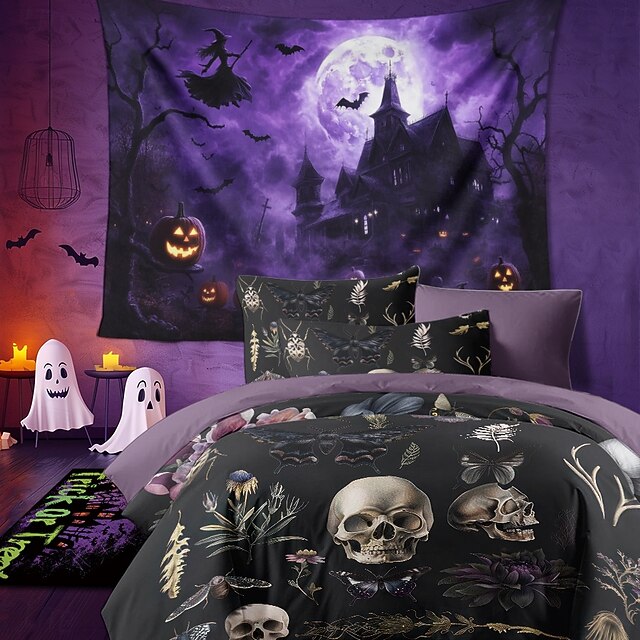  Set de husă de pilota în stil întunecat de Halloween - design ciudat și misterios - include husă de pilota și fețe de pernă - țesătură moale și durabilă